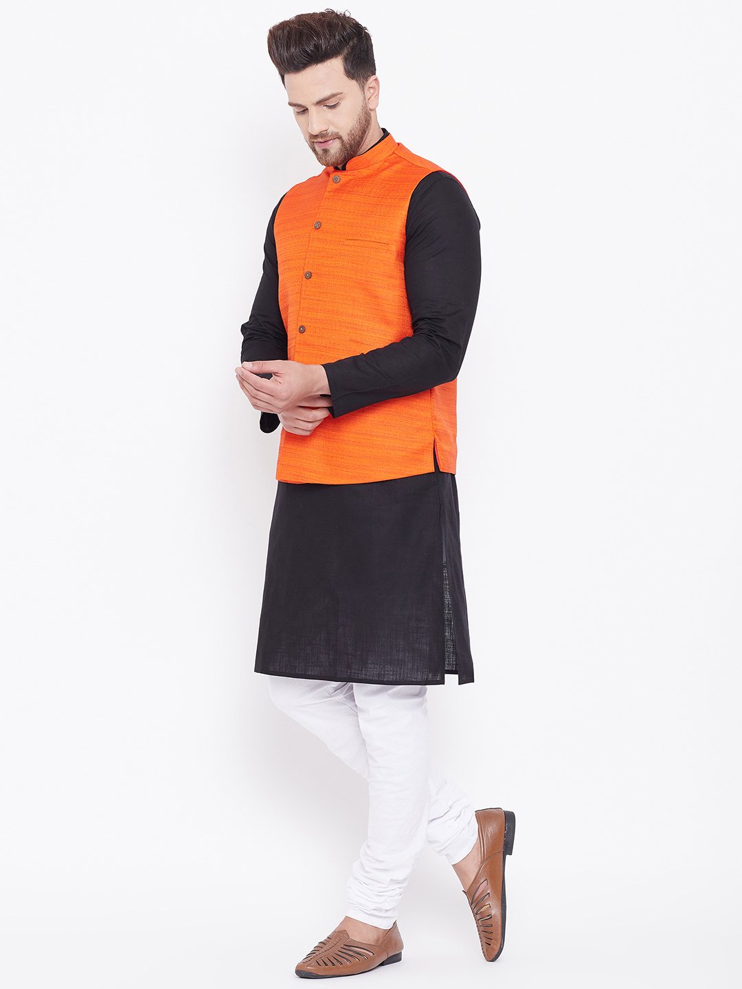 Men's Orange, Black And White Cotton Blend Jacket, Kurta and Pyjama Set