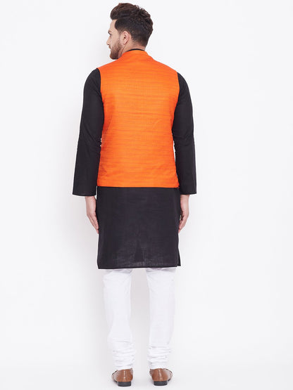 Men's Orange, Black And White Cotton Blend Jacket, Kurta and Pyjama Set