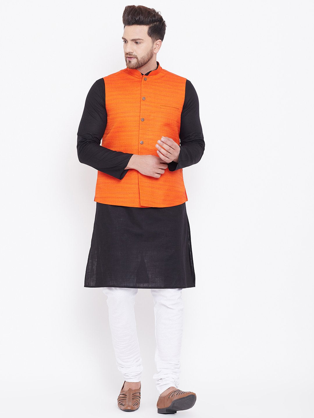 Men's Orange, Black And White Cotton Blend Jacket, Kurta and Pyjama Set