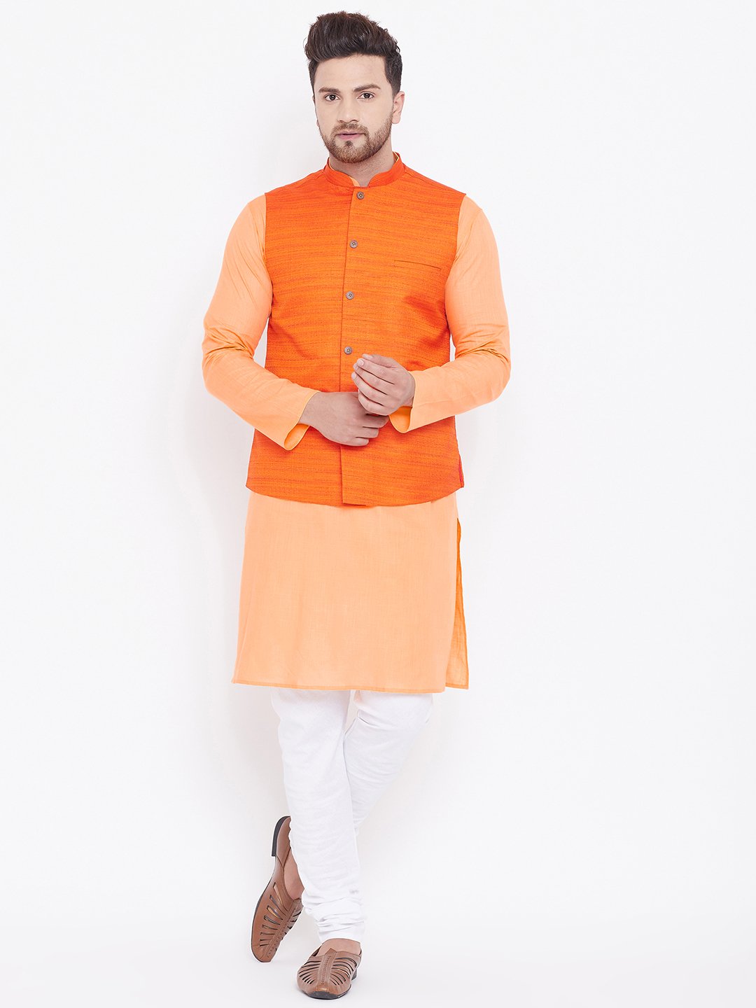 Men's Orange, Fawn And White Cotton Blend Jacket, Kurta and Pyjama Set