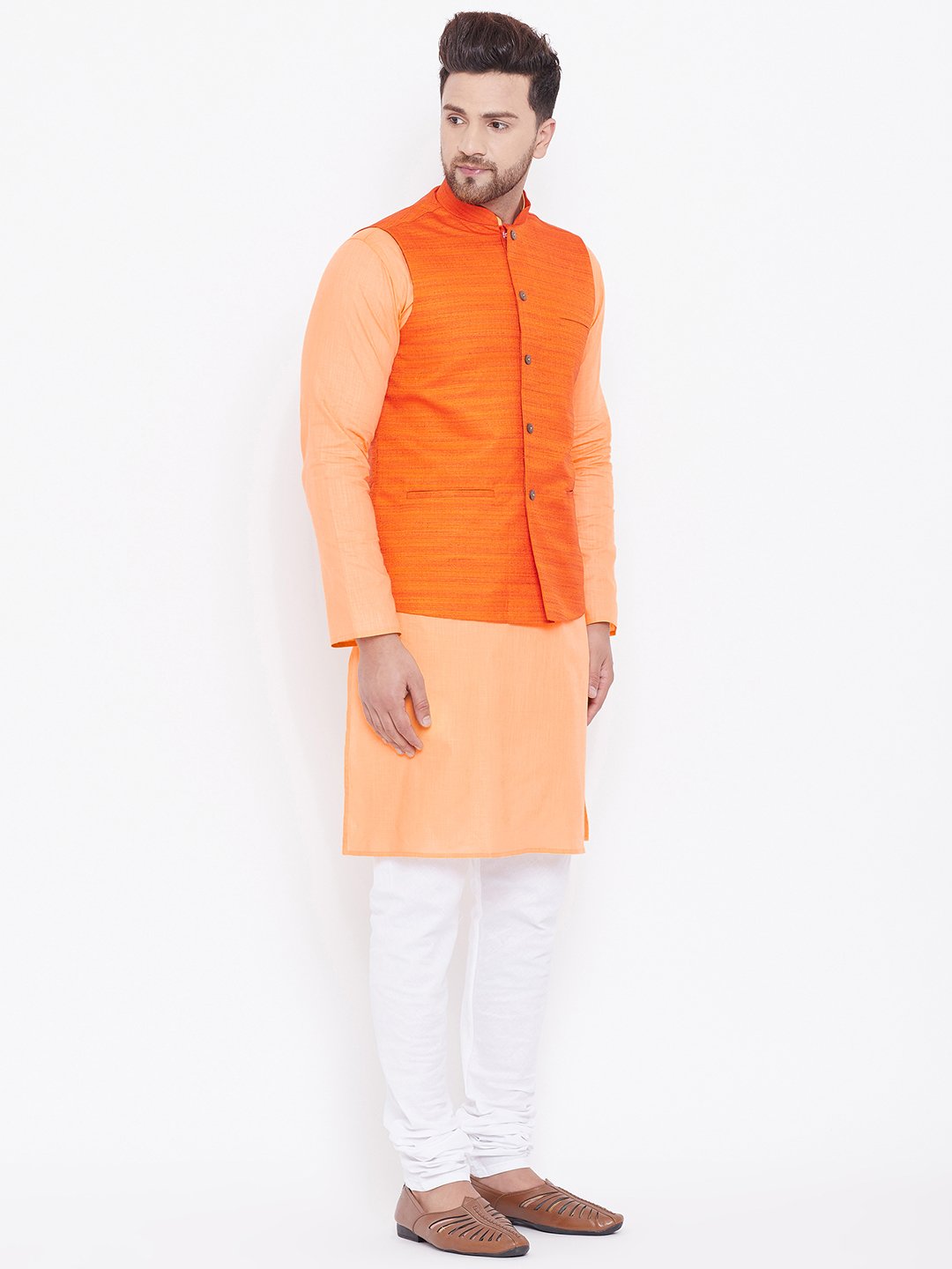 Men's Orange, Fawn And White Cotton Blend Jacket, Kurta and Pyjama Set