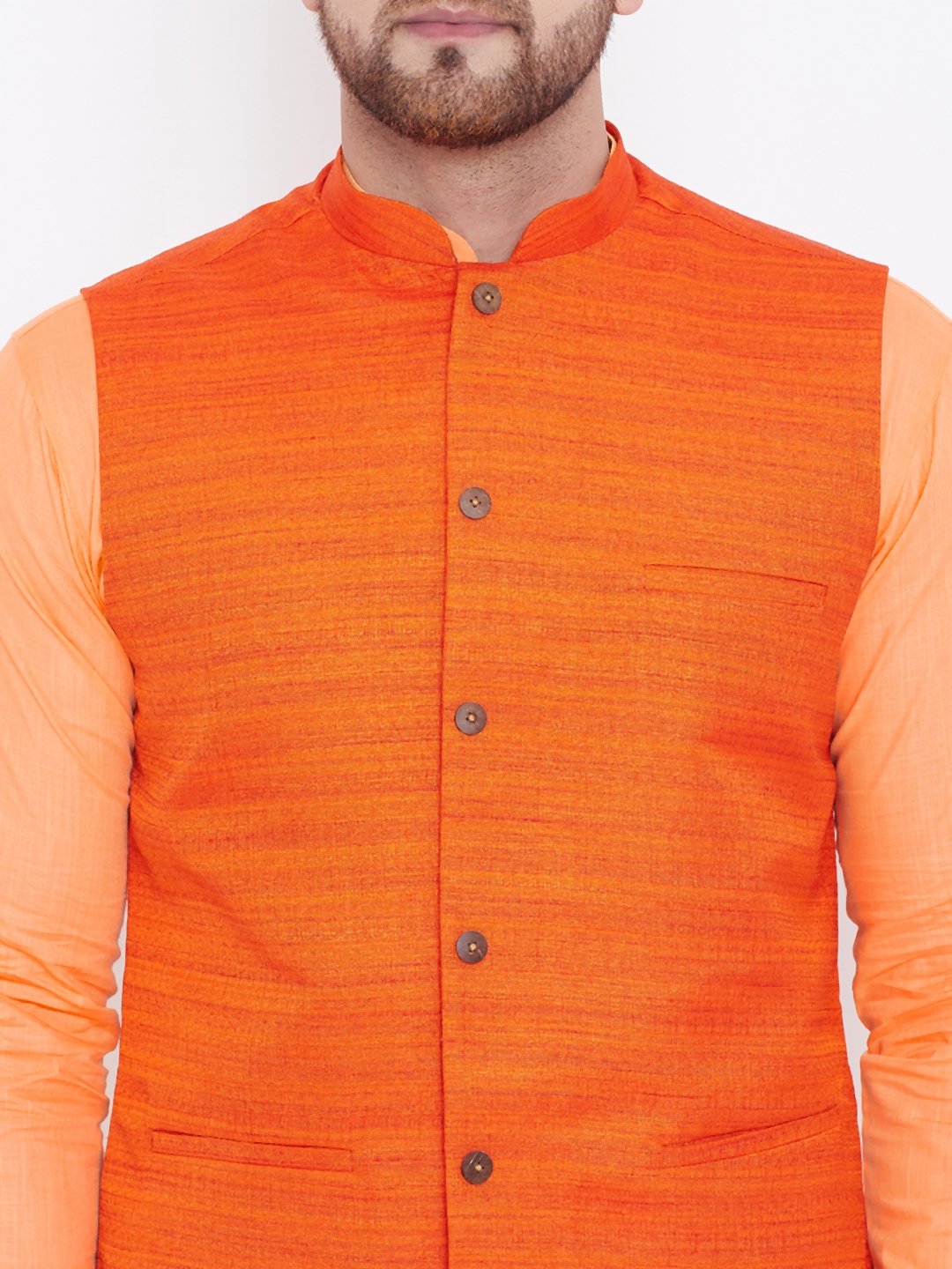 Men's Orange, Fawn And White Cotton Blend Jacket, Kurta and Pyjama Set