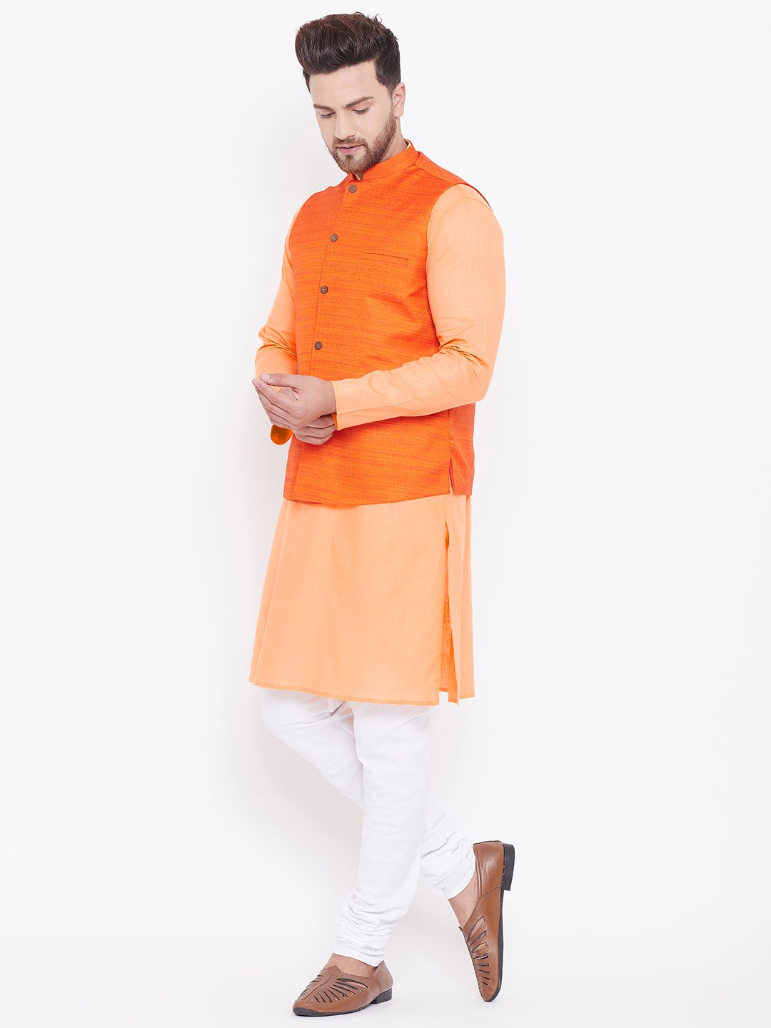 Men's Orange, Fawn And White Cotton Blend Jacket, Kurta and Pyjama Set