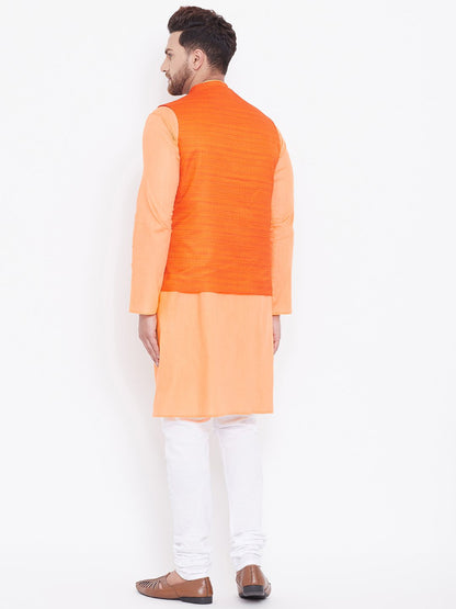 Men's Orange, Fawn And White Cotton Blend Jacket, Kurta and Pyjama Set