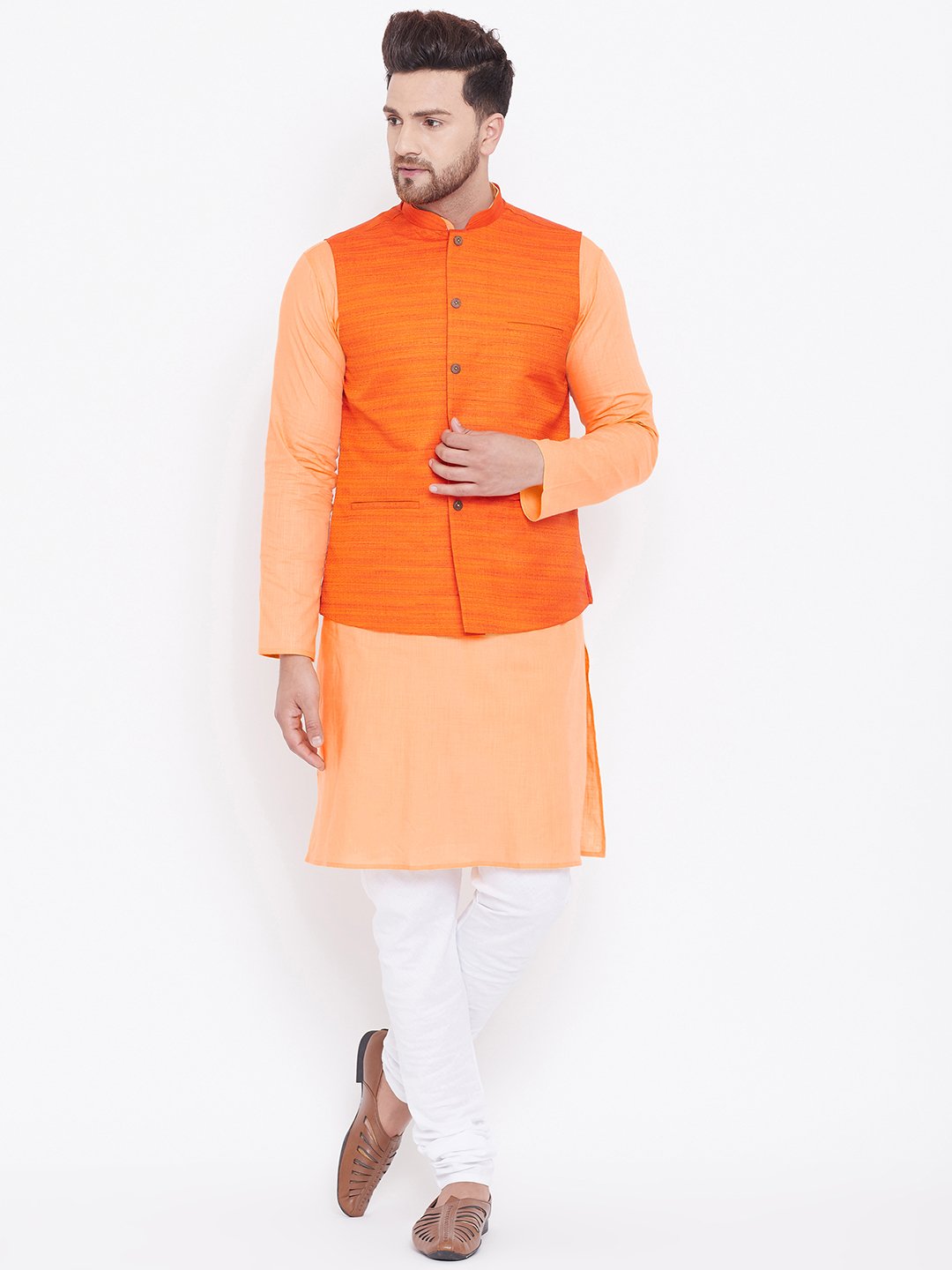 Men's Orange, Fawn And White Cotton Blend Jacket, Kurta and Pyjama Set