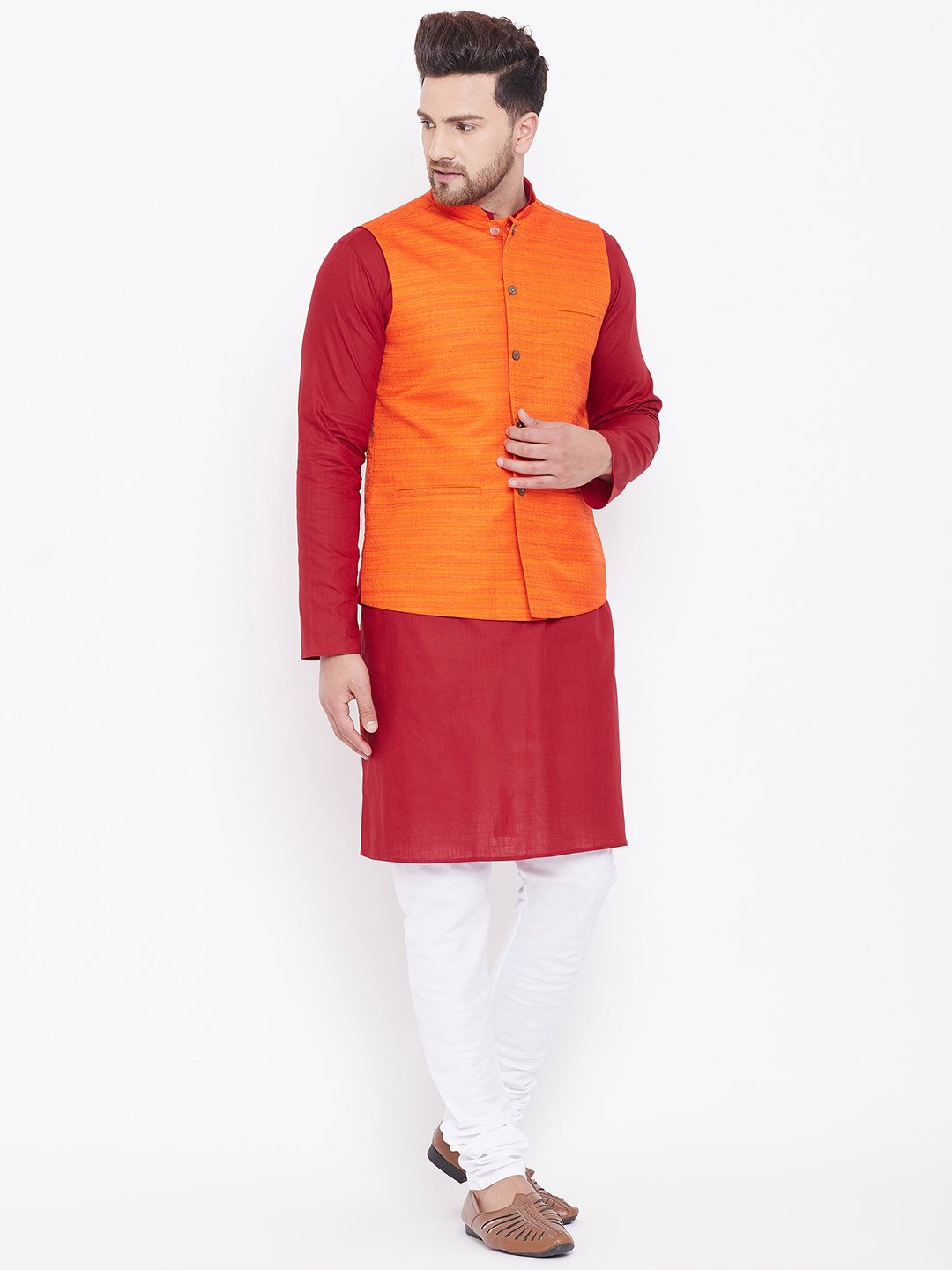 Men's Orange, Maroon And White Cotton Blend Jacket, Kurta and Pyjama Set