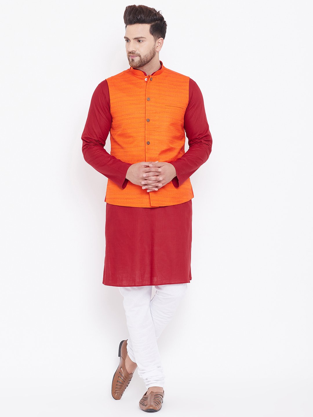 Men's Orange, Maroon And White Cotton Blend Jacket, Kurta and Pyjama Set