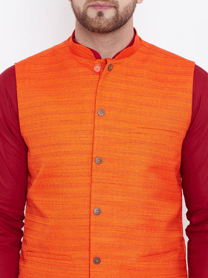 Men's Orange, Maroon And White Cotton Blend Jacket, Kurta and Pyjama Set