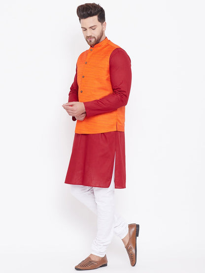 Men's Orange, Maroon And White Cotton Blend Jacket, Kurta and Pyjama Set