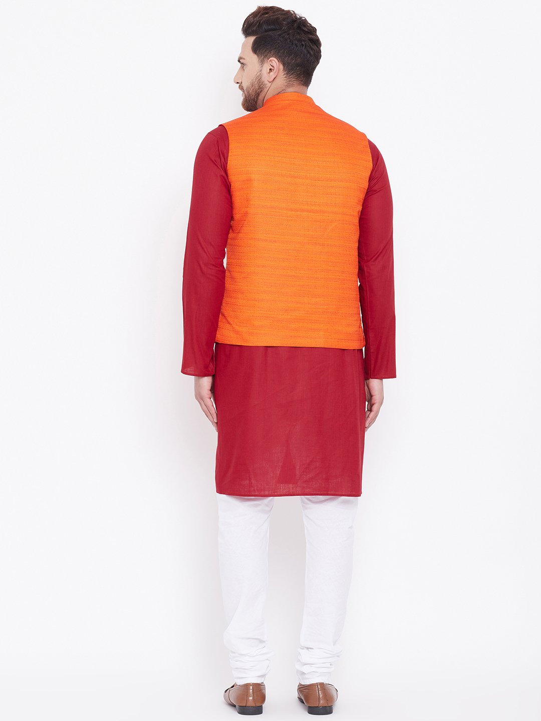 Men's Orange, Maroon And White Cotton Blend Jacket, Kurta and Pyjama Set