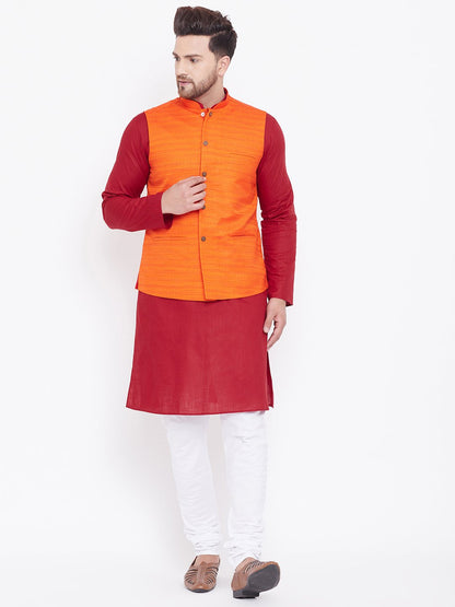 Men's Orange, Maroon And White Cotton Blend Jacket, Kurta and Pyjama Set