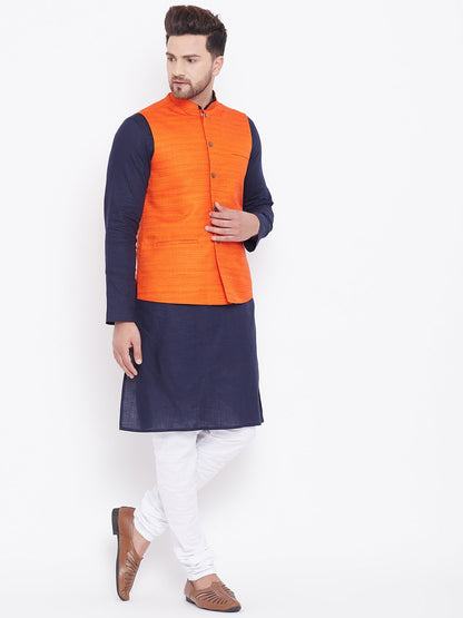 Men's Orange, Navy Blue And White Cotton Blend Jacket, Kurta and Pyjama Set