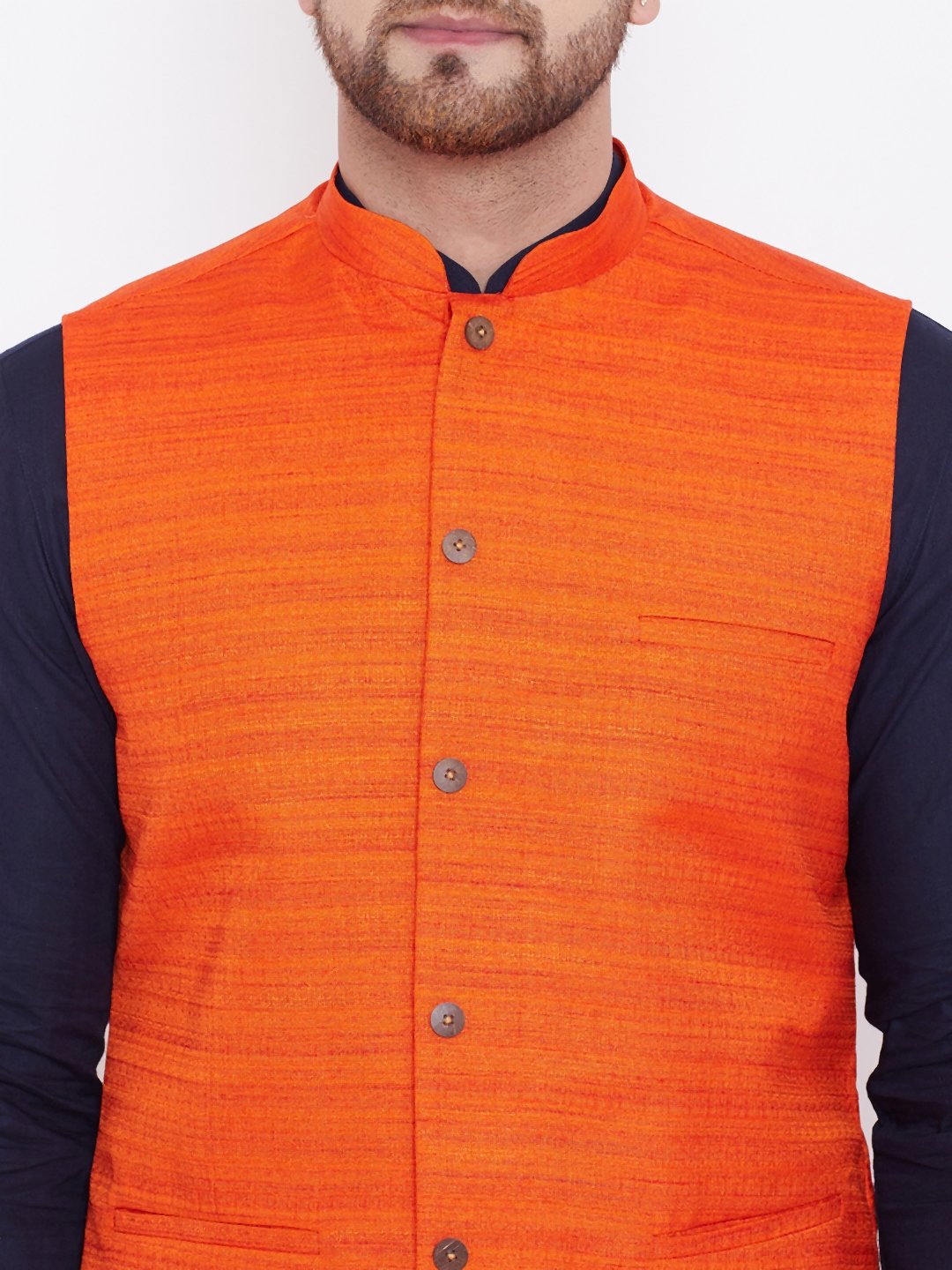 Men's Orange, Navy Blue And White Cotton Blend Jacket, Kurta and Pyjama Set