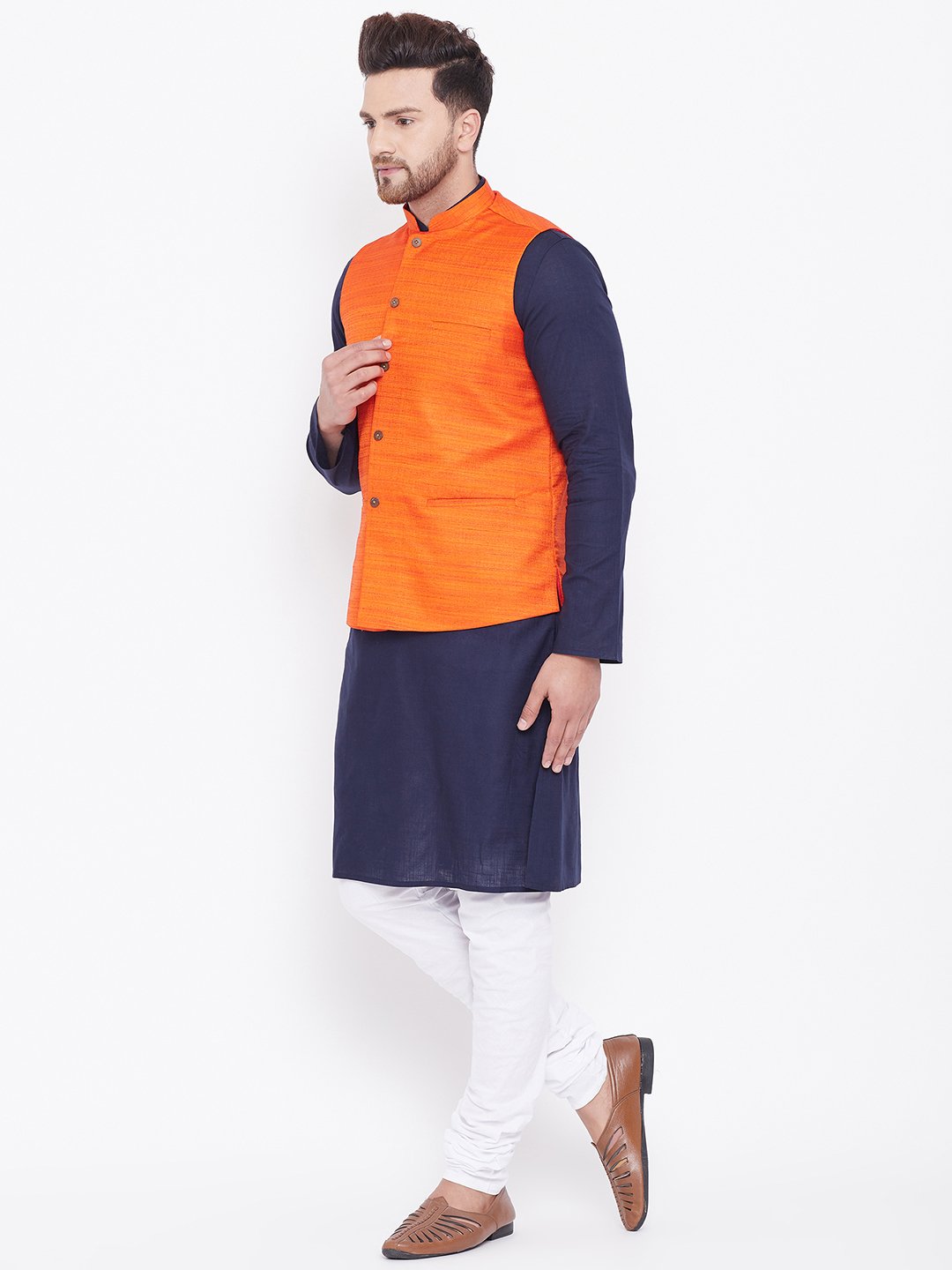 Men's Orange, Navy Blue And White Cotton Blend Jacket, Kurta and Pyjama Set