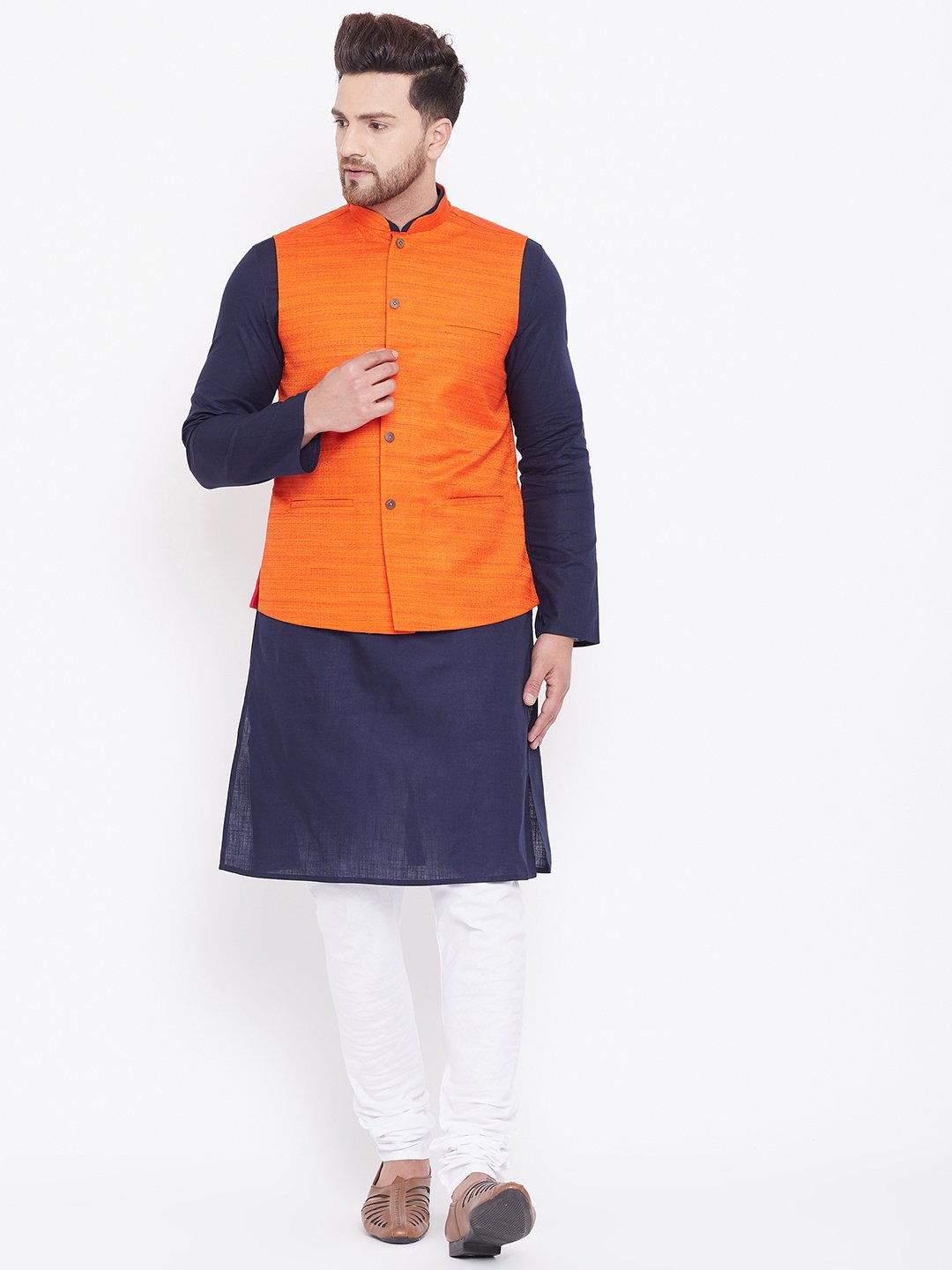 Men's Orange, Navy Blue And White Cotton Blend Jacket, Kurta and Pyjama Set