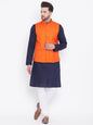 Men's Orange, Navy Blue And White Cotton Blend Jacket, Kurta and Pyjama Set