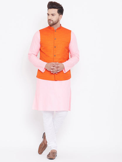 Men's Orange, Pink And White Cotton Blend Jacket, Kurta and Pyjama Set