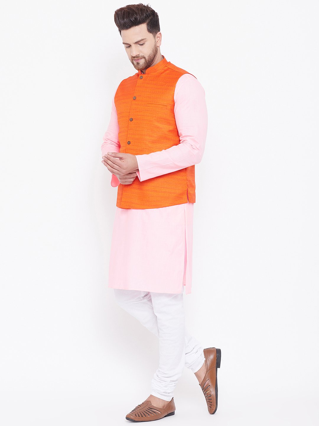 Men's Orange, Pink And White Cotton Blend Jacket, Kurta and Pyjama Set