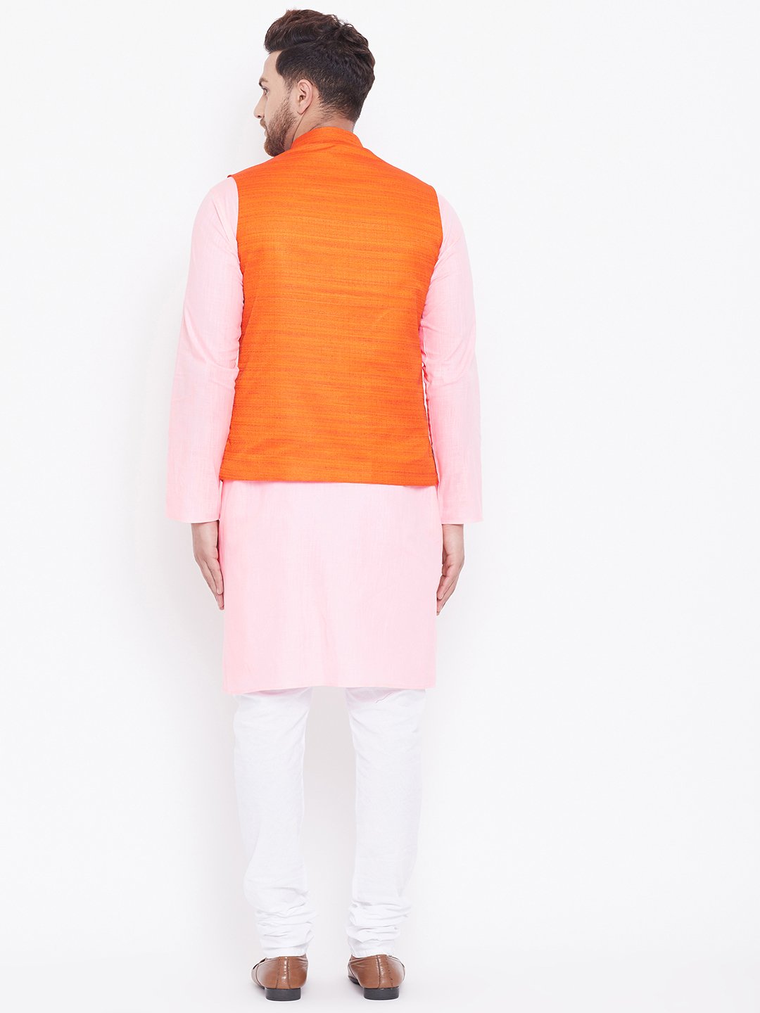 Men's Orange, Pink And White Cotton Blend Jacket, Kurta and Pyjama Set