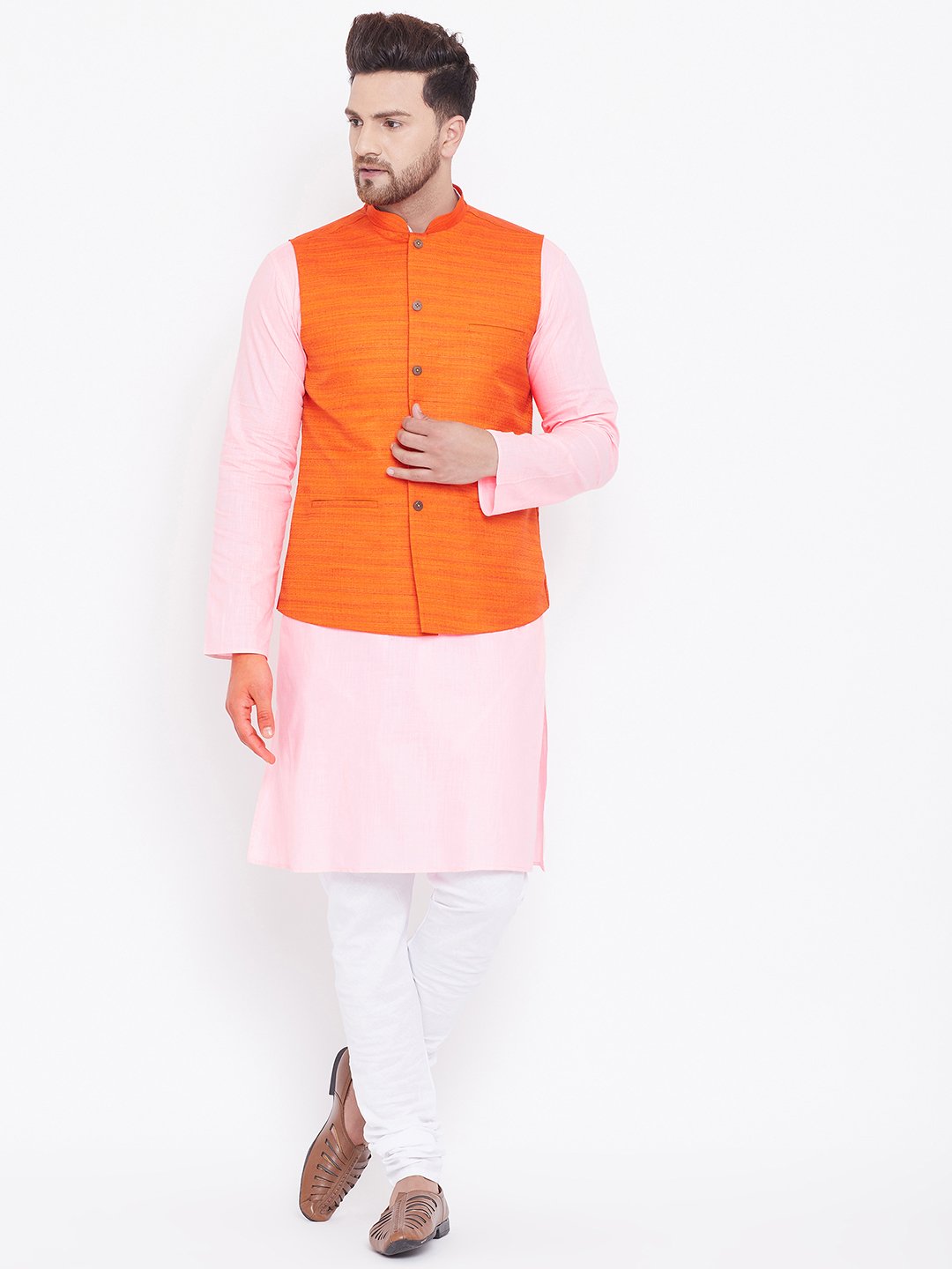 Men's Orange, Pink And White Cotton Blend Jacket, Kurta and Pyjama Set