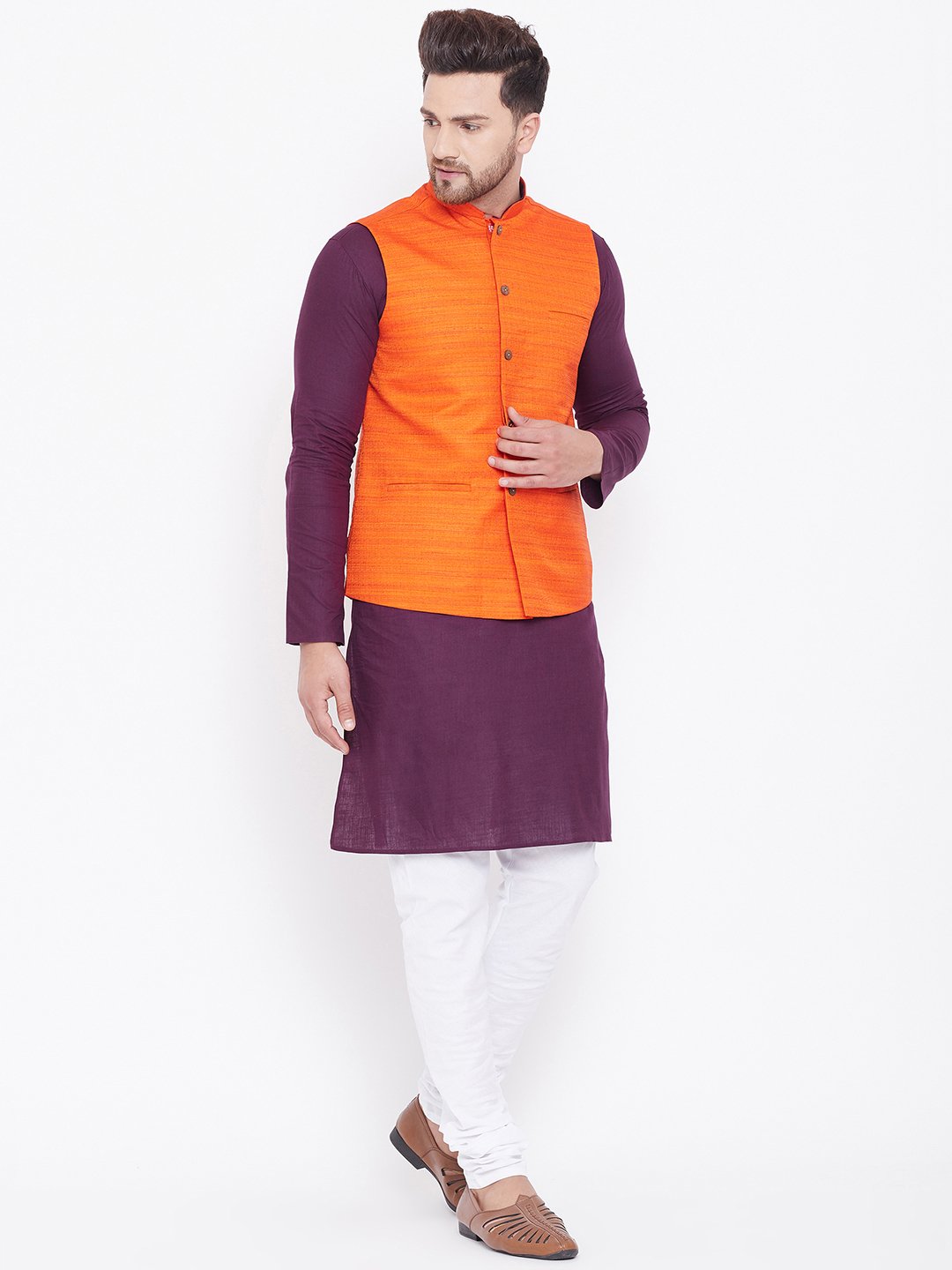 Men's Orange, Purple And White Cotton Blend Jacket, Kurta and Pyjama Set