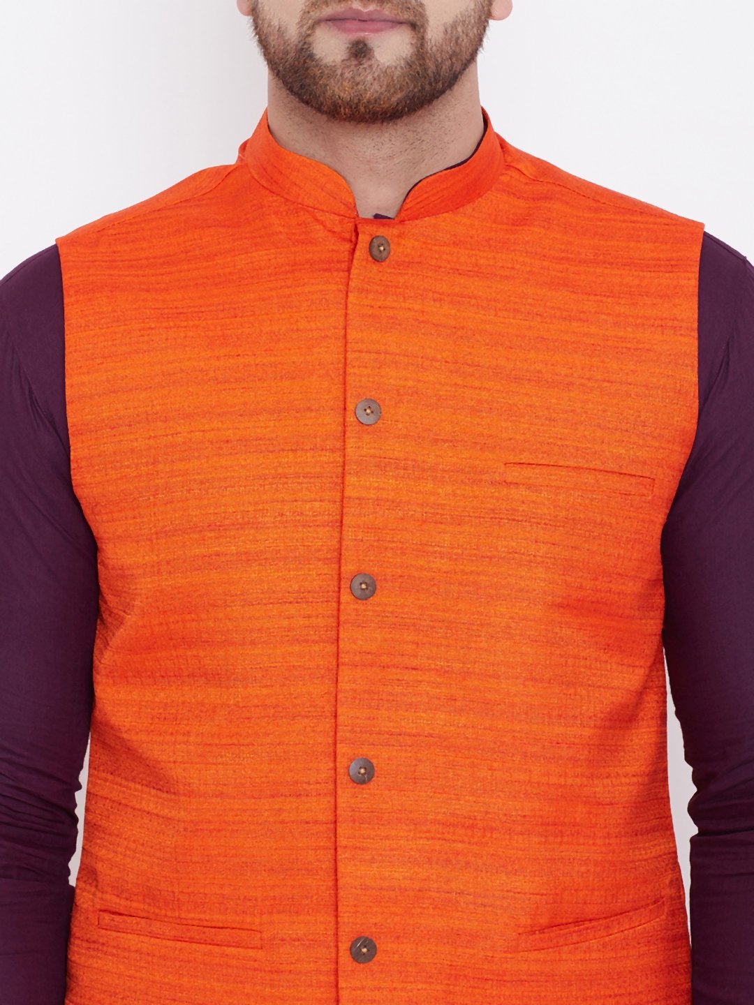 Men's Orange, Purple And White Cotton Blend Jacket, Kurta and Pyjama Set