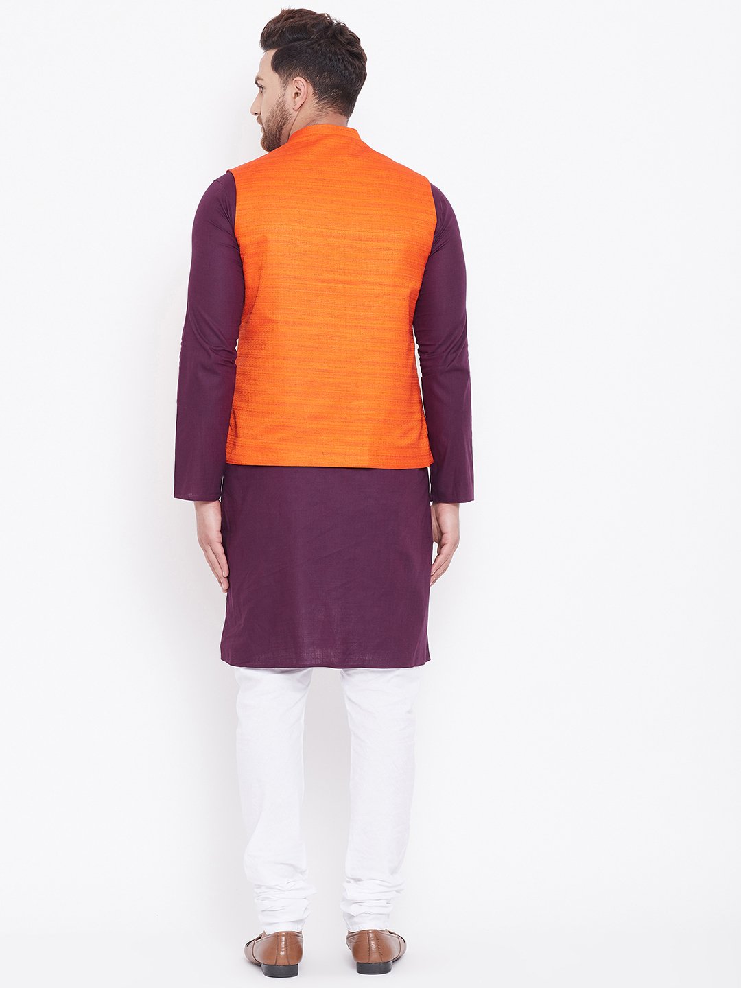 Men's Orange, Purple And White Cotton Blend Jacket, Kurta and Pyjama Set