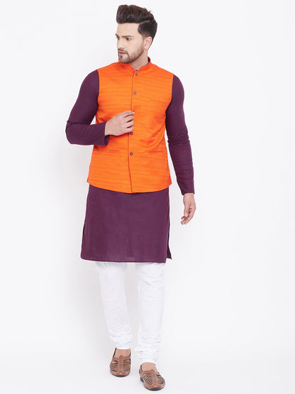 Men's Orange, Purple And White Cotton Blend Jacket, Kurta and Pyjama Set