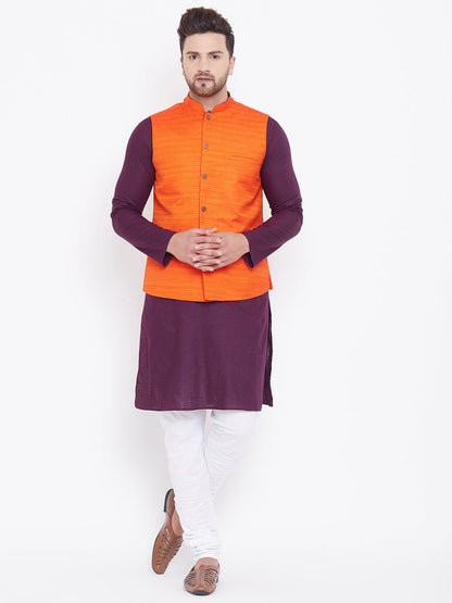 Men's Orange, Purple And White Cotton Blend Jacket, Kurta and Pyjama Set