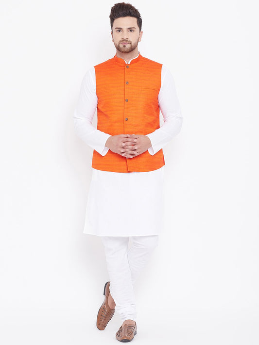 Men's Orange And White Cotton Blend Jacket, Kurta and Pyjama Set