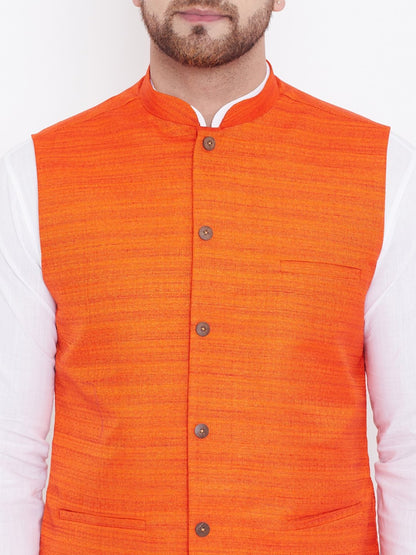 Men's Orange And White Cotton Blend Jacket, Kurta and Pyjama Set