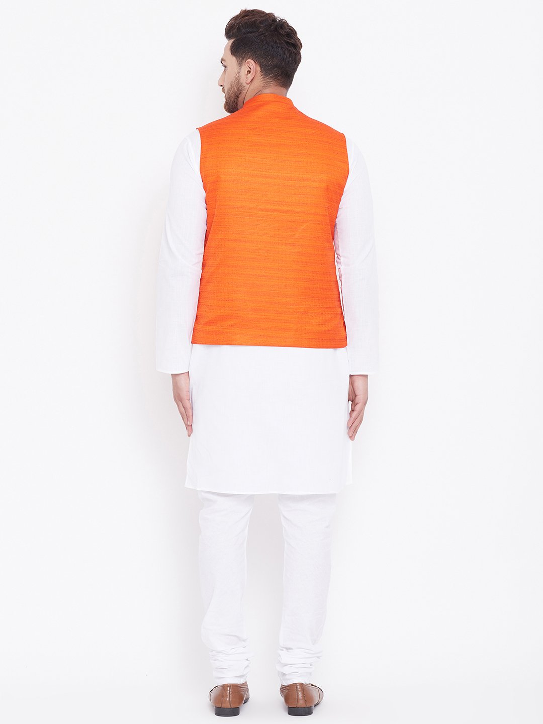 Men's Orange And White Cotton Blend Jacket, Kurta and Pyjama Set