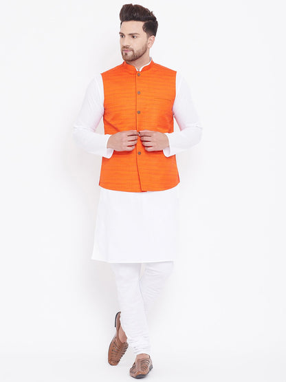 Men's Orange And White Cotton Blend Jacket, Kurta and Pyjama Set