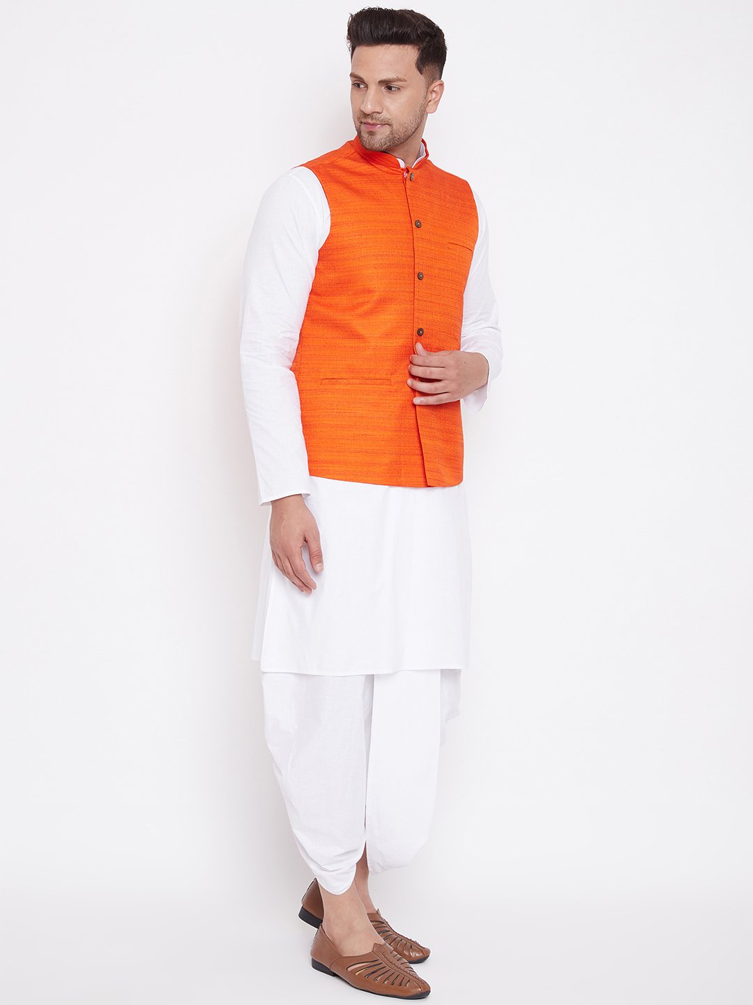 Men's Orange And White Cotton Blend Jacket, Kurta and Dhoti Set