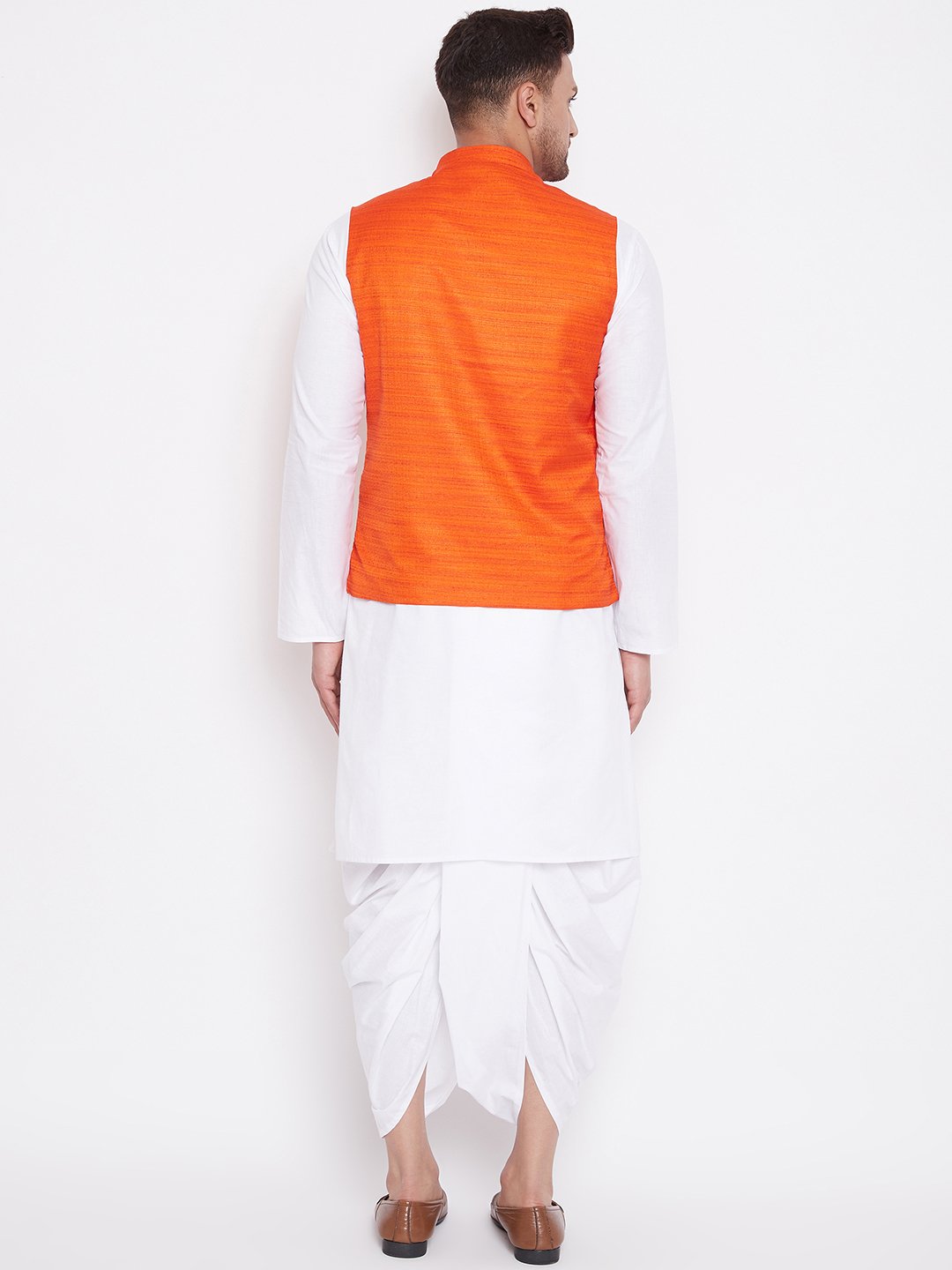 Men's Orange And White Cotton Blend Jacket, Kurta and Dhoti Set