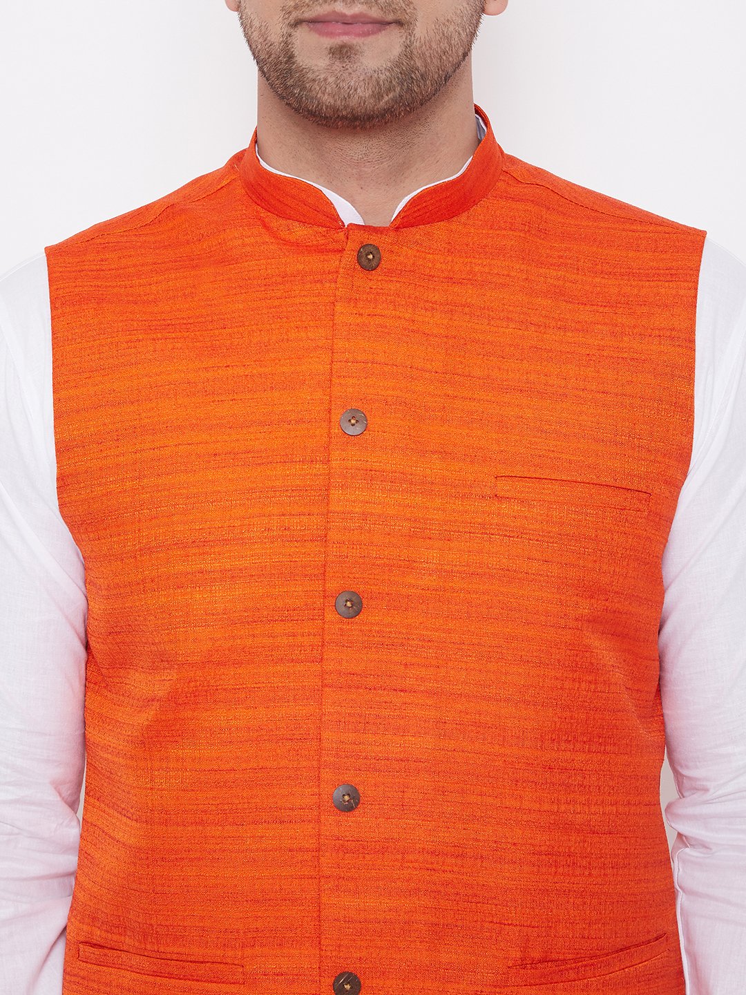 Men's Orange And White Cotton Blend Jacket, Kurta and Dhoti Set