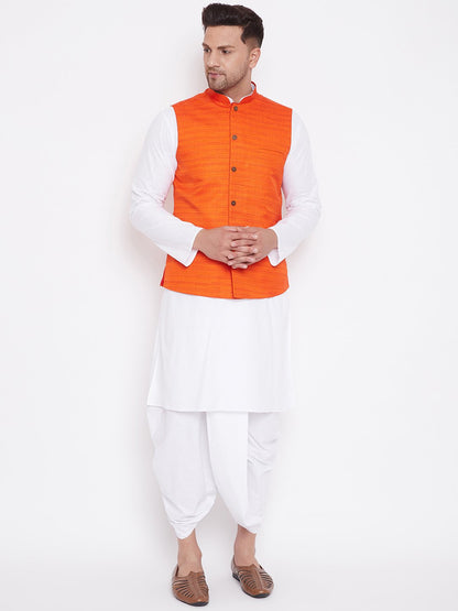 Men's Orange And White Cotton Blend Jacket, Kurta and Dhoti Set