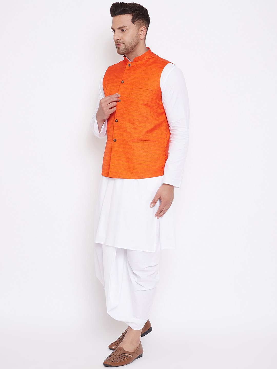 Men's Orange And White Cotton Blend Jacket, Kurta and Dhoti Set