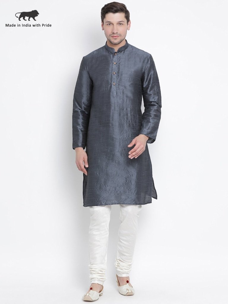 Men's Grey Silk Blend Kurta and Pyjama Set