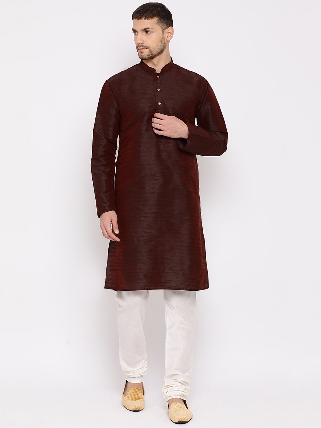 Men's Burgundy Silk Blend Kurta and Pyjama Set