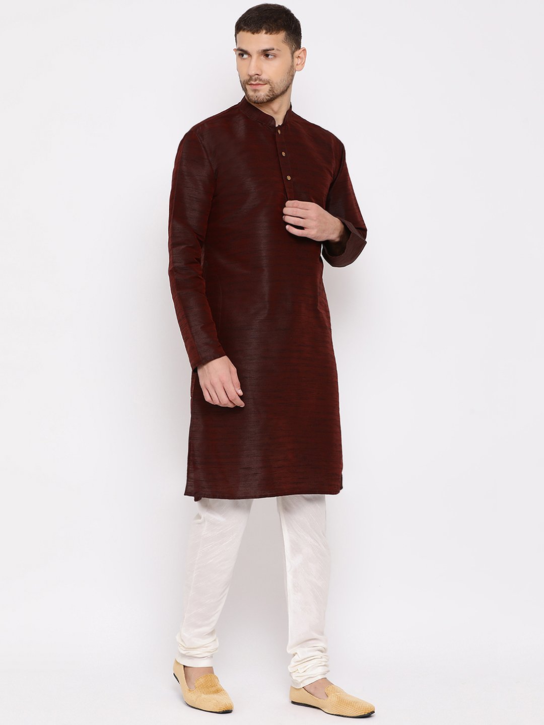 Men's Burgundy Silk Blend Kurta and Pyjama Set