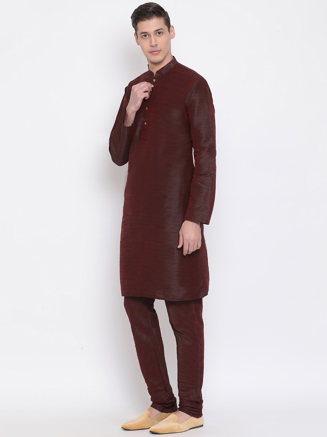 Men's Burgundy Silk Blend Kurta and Pyjama Set