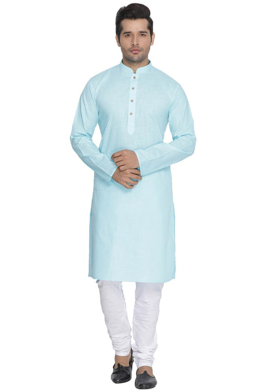 Men's Light Blue Cotton Linen Blend Kurta and Pyjama Set