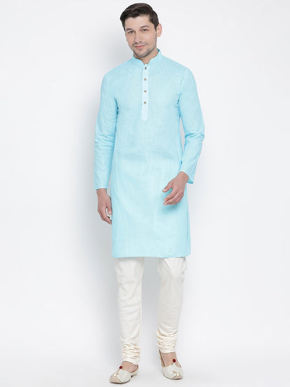 Men's Light Blue Cotton Linen Blend Kurta and Pyjama Set