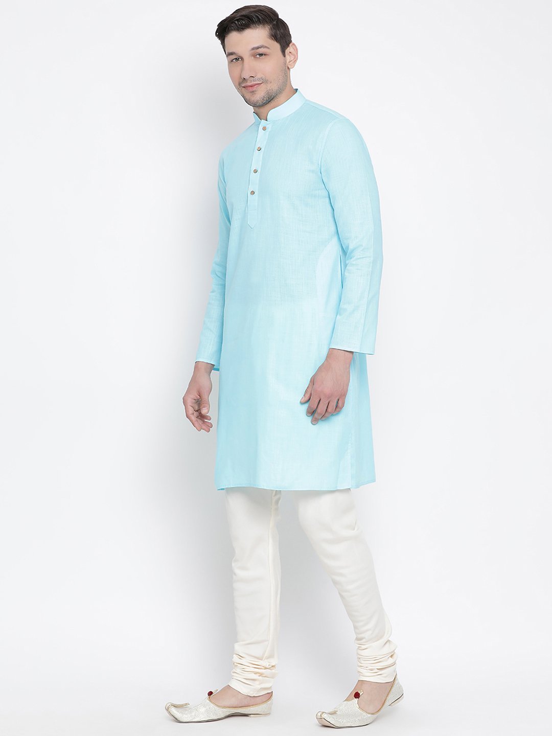 Men's Light Blue Cotton Linen Blend Kurta and Pyjama Set