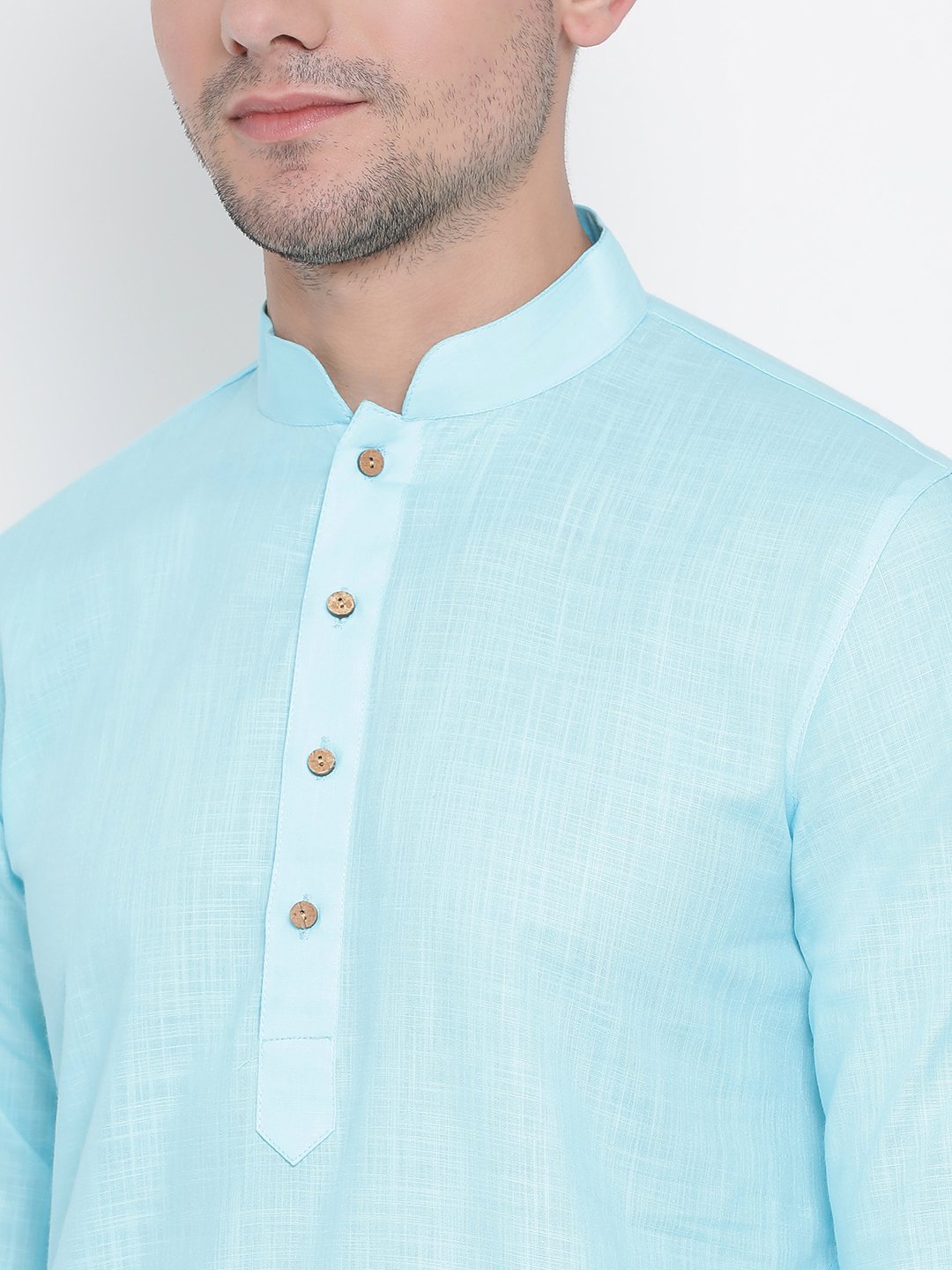 Men's Light Blue Cotton Linen Blend Kurta and Pyjama Set