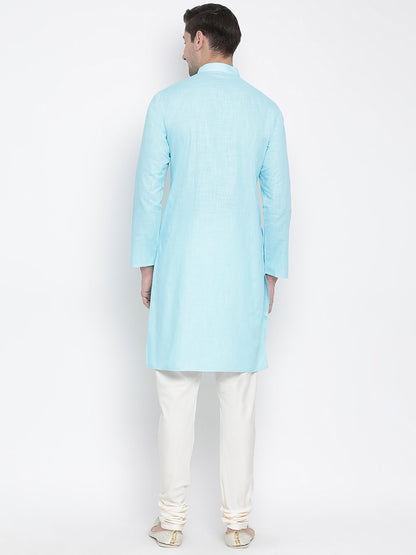 Men's Light Blue Cotton Linen Blend Kurta and Pyjama Set