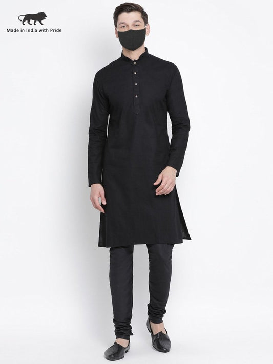 Men's Black Cotton Linen Blend Kurta and Pyjama Set