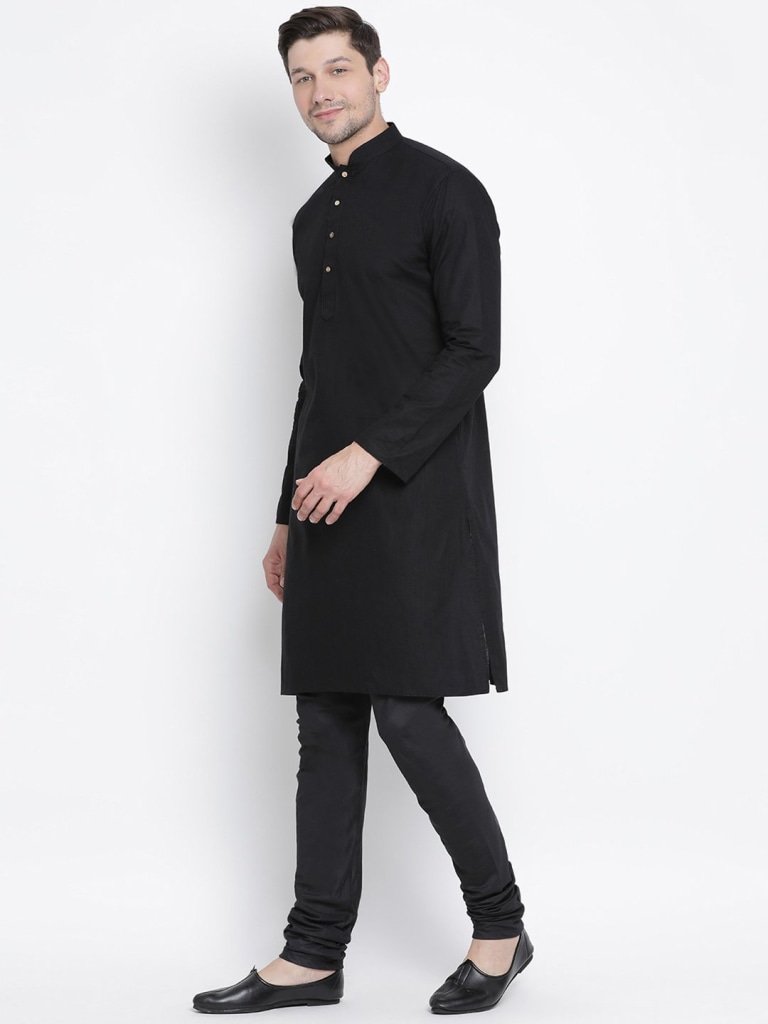 Men's Black Cotton Linen Blend Kurta and Pyjama Set