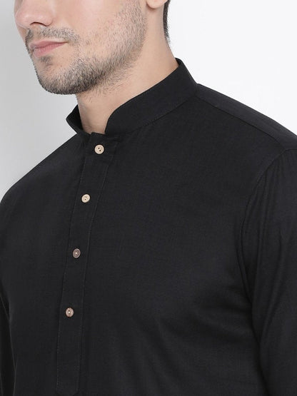 Men's Black Cotton Linen Blend Kurta and Pyjama Set